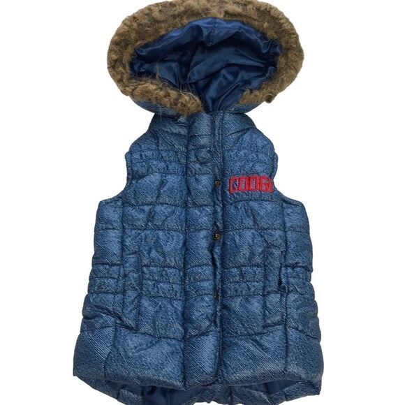 COOGI Kids Denim Blue Puffer Vest Hooded Faux Fur Trimmed - Picture 1 of 10